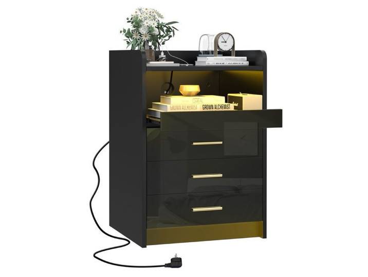 Table de Chevet LED-Chevet de Lit avec Prise et Port USB-3 Tiroirs-45x40x65 cm-Noir-Lvhcmfohm