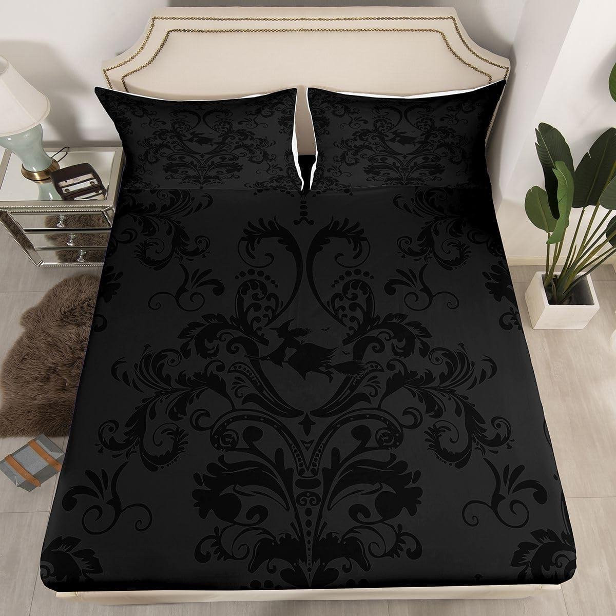 Hoeslaken set zwart damast voor eenpersoonsbed 90x190 cm