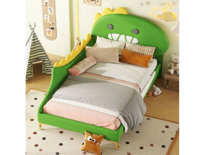 Lit enfant dinosaure 90 x 200 cm – PU et MDF – vert