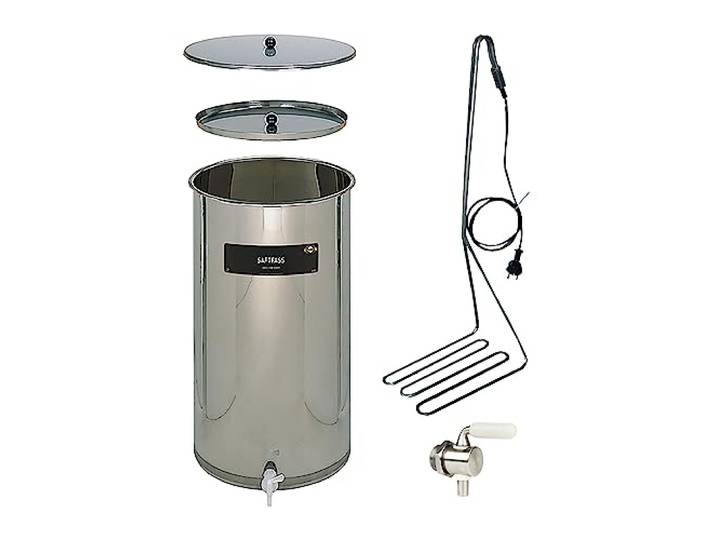Edelstahlfass Saft 110 Liter mit Tauchsieder und Edelstahl V2A Hahn, Saftfass 110l zum Säfte erhitzen und pasteurisieren, Fass Edelstahlbehälter mit Öl Schwimmdeckel, Saftlagerung