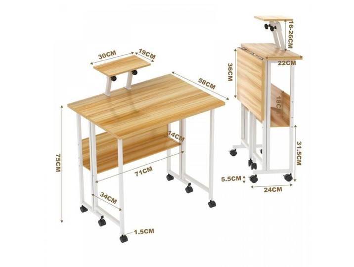 Bureau gaming pliable QUIIENCLEE cadre métal avec roulettes rangement et tablette réglable bureau d'ordinateur couleur noyer
