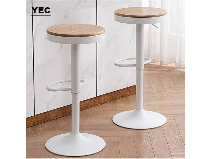 Tabouret de bar YEC - Planche ronde - Hauteur réglable - Blanc
