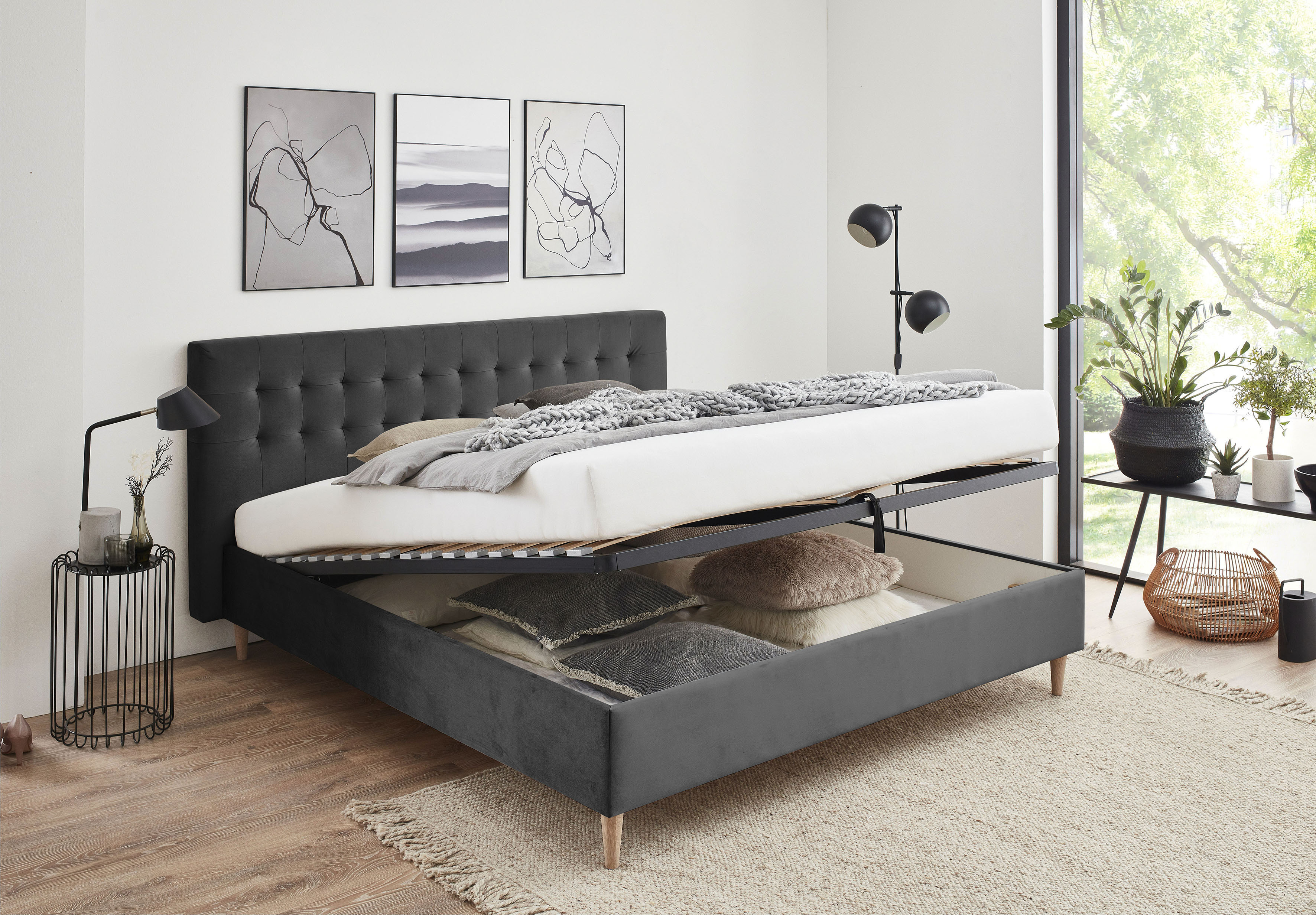 ATLANTIC home collection "Veronika" mit Bettkasten und Lattenrost dunkelgrau Liegefläche Länge B: 200cm x 160cm, wahlweisemit Matratze, Höhe Bett: 107cm, ohne Matratze