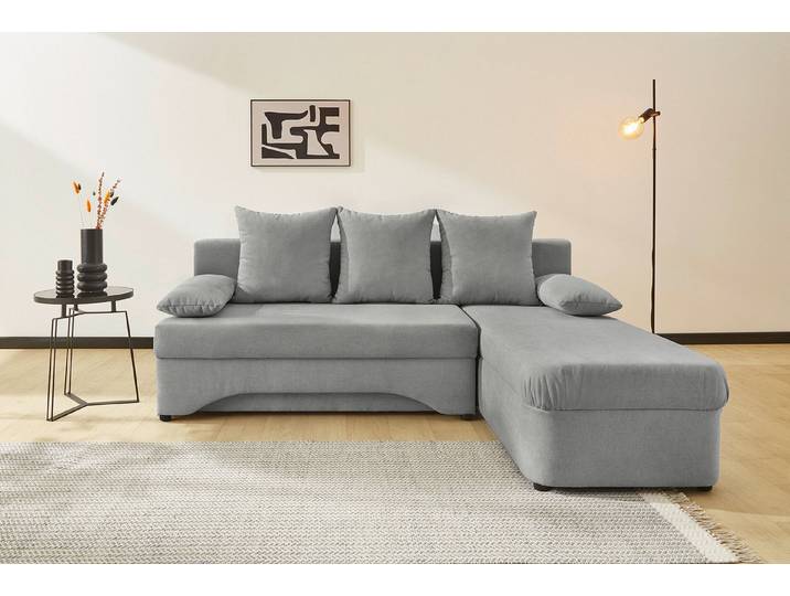 Jockenhöfer Gruppe Ecksofa L-Form, Gästebettfunktion, Stauraum, hellgrau, 3 Rückenkissen, 2 Armlehnenkissen