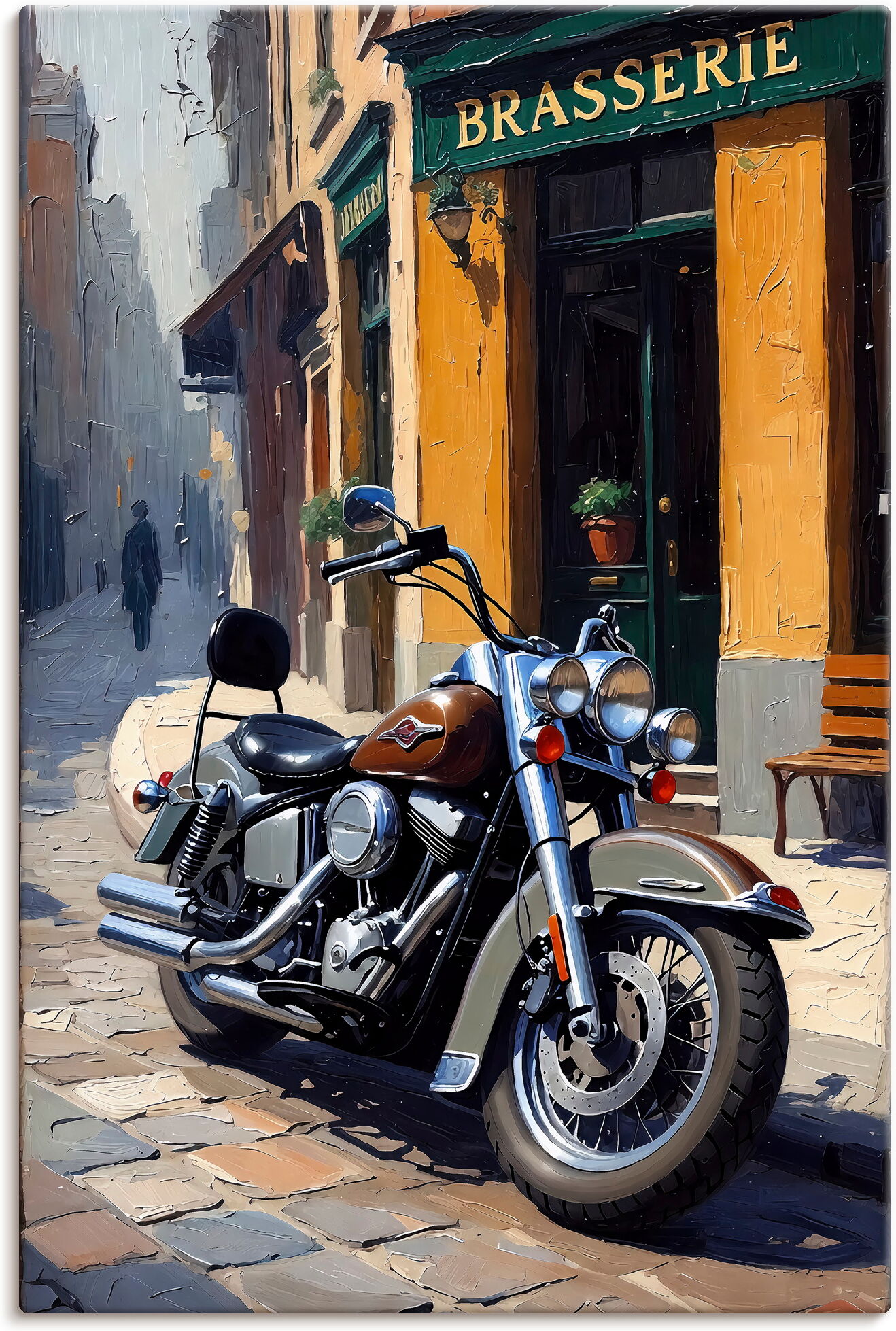Wandbild ARTLAND "Eine parkende Harley vor einem Brasserie", farbe bild(er): farbig, B:80cm H:120cm, Bilder, als Alubild, Leinwandbild, Poster, Wandaufkleber in verschied. Größen