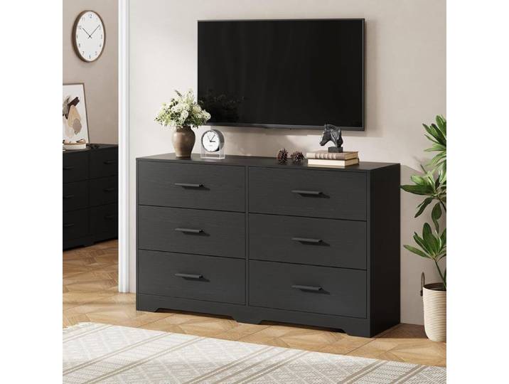Commode Noire 6 Tiroirs - Buffet Large et Meuble TV - Design Moderne pour Chambre et Salon