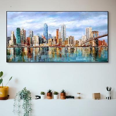 Handgemaltes New York City-Gemälde auf Leinwand, handgefertigtes Manhattan City-Gemälde, abstraktes Gemälde, Stadtbild, Skyline der Stadt, Gemälde für Wohnzimmer, Wandkunst, America Bridge-Gemälde