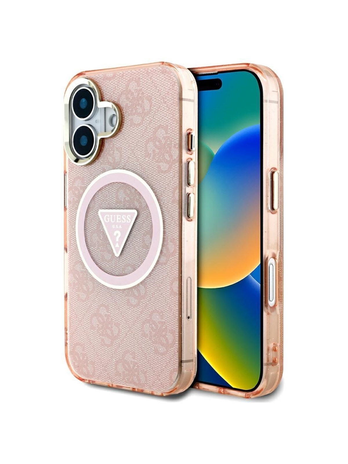 GUESS IML Metal Glitter 4G Circle Triangle MagSafe case for iPhone 16 - pink