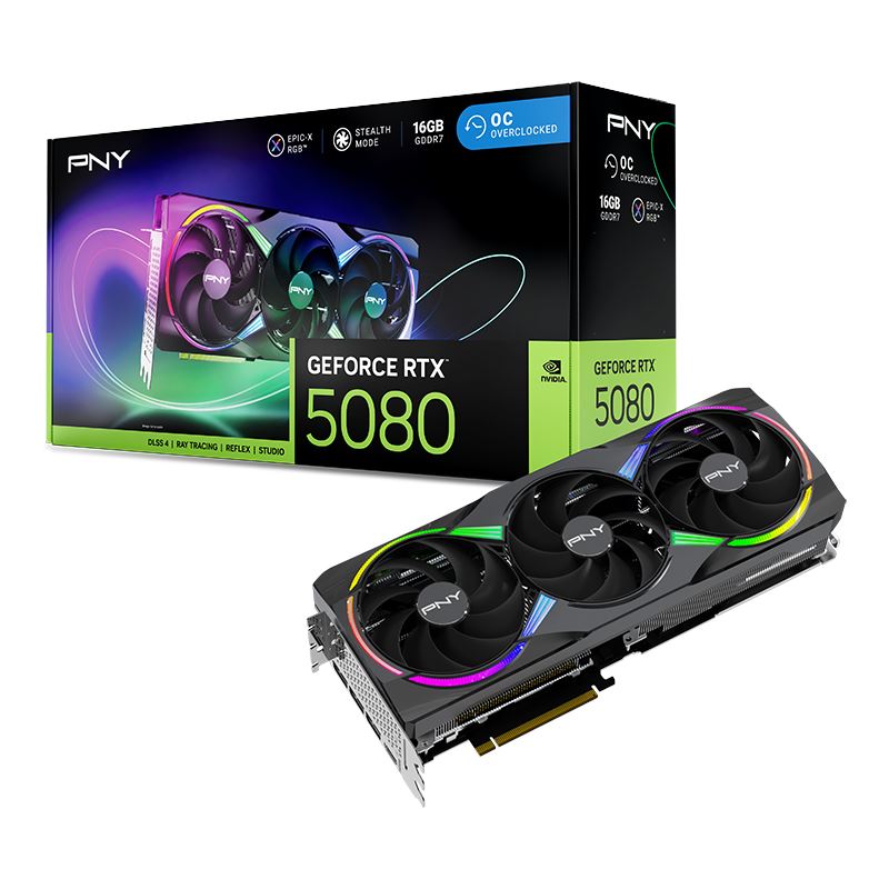 16GB PNY GeForce RTX 5080 Epic-X Overclocked Triple Fan Aktiv PCIe 5.0 x16 (Retail)