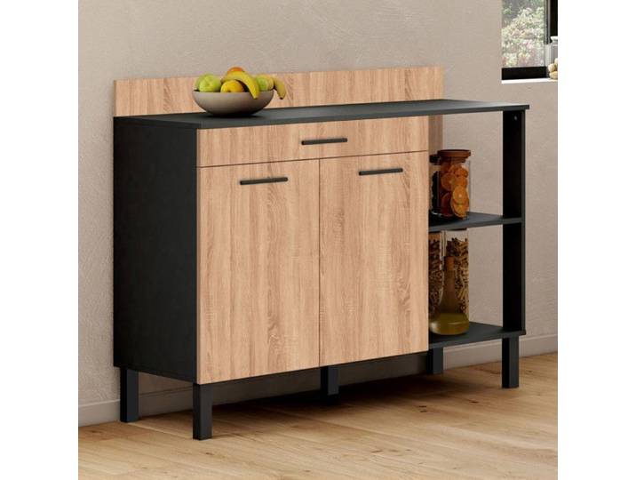 IDMARKET Buffet bas de cuisine 120 cm CINA plan de travail H.83 cm 2 portes + tiroir noir et façon hêtre