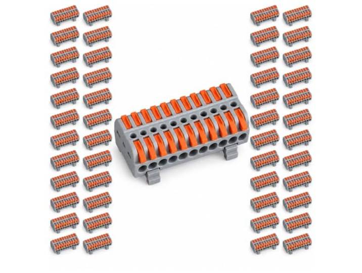 100 elektrische Klemmenblöcke 10P, mit Haken für DIN-Schiene, schnelle elektrische Anschlüsse mit 2 Eingängen, von 0,5 bis 4 mm² bis 450 V 32 A (10 Pole)