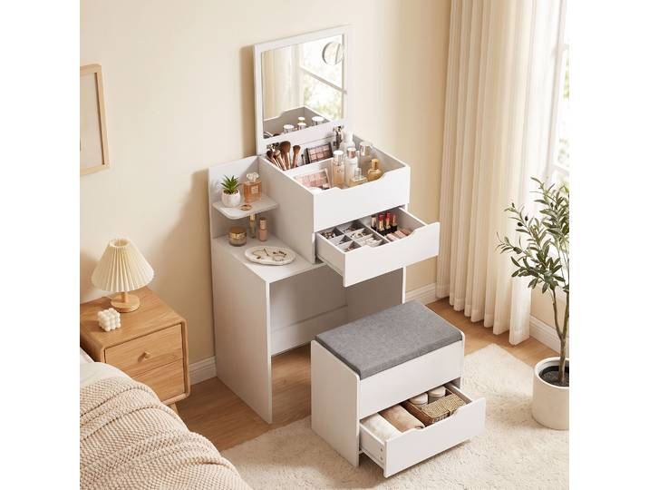 HOMCOM Coiffeuse Blanc avec Miroir Rabattable et Tabouret