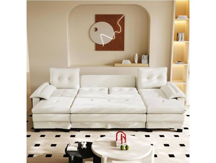 COVREO Canapé-lit modulable en U 278 cm convertible chenille blanc crème USB