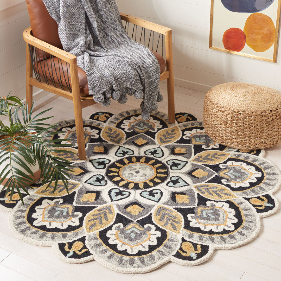Latitude Vive Novelty Floral Area Rug Ivory/Black Round 122 cm