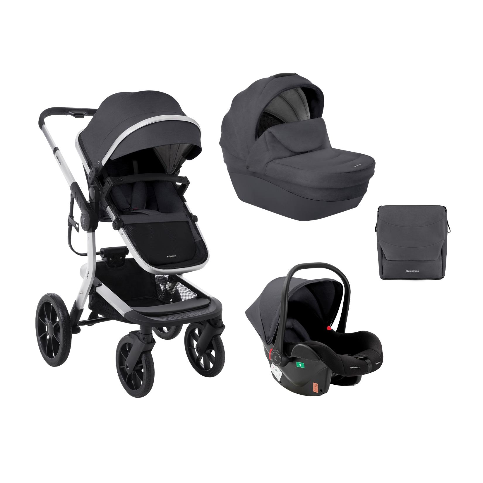 Kikkaboo Kombikinderwagen Irene 3 in 1 Babywanne Autositz Adapter Wickeltasche dunkelgrau