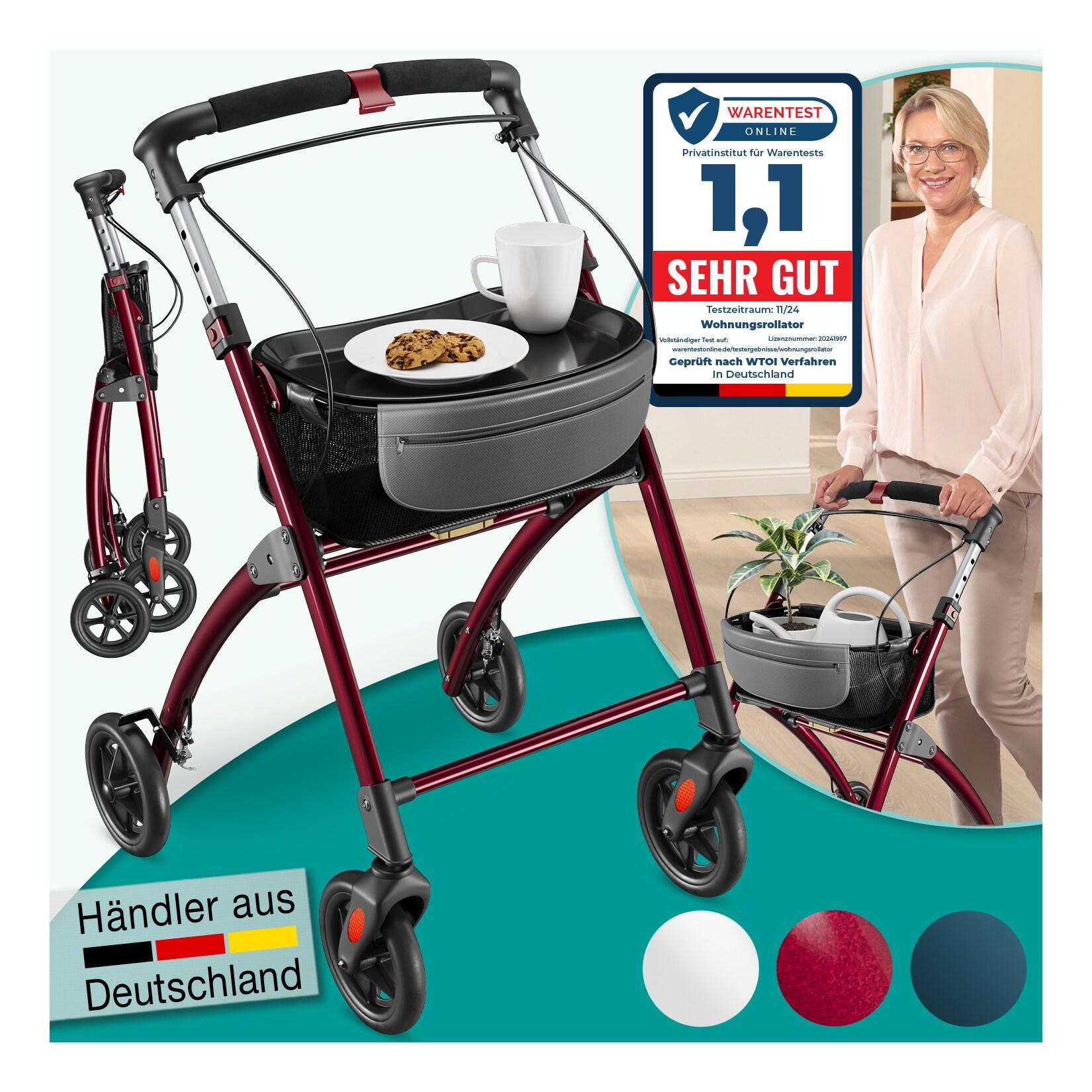 ELONEO Wohnungsrollator 54cm breit, faltbar und leicht, inkl. Tablett & Stoffkorb »Premium«, rot