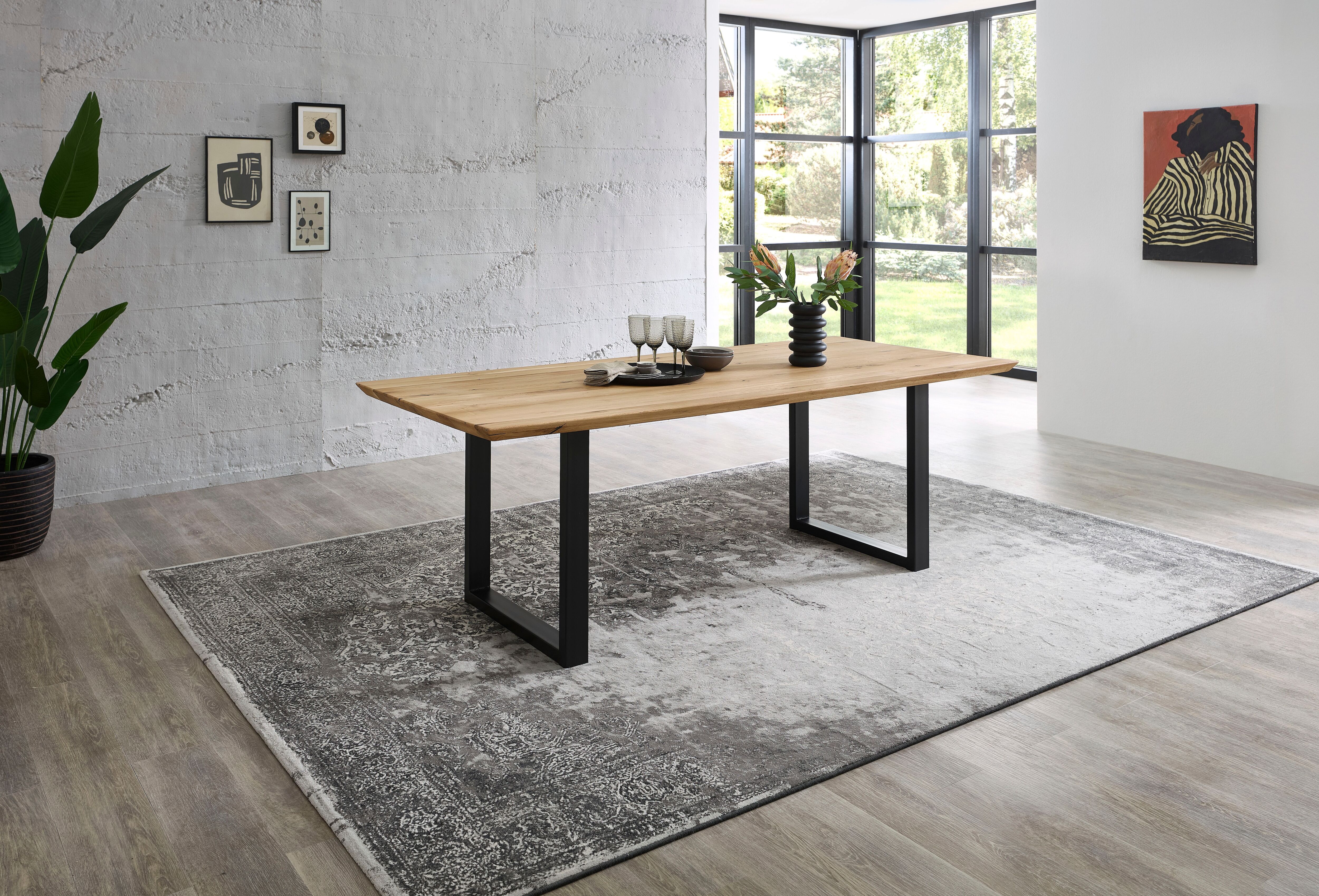 Esstisch STOLKOM "Bennet", braun (braun, schwarz, eiche massiv), B/H/T: 200cm x 74cm x 100cm, Tische, Esstisch, Eiche Massivholz, Tisch mit Schweizer Kante braun, schwarz, eiche massiv B/H/T: 200cm x 74cm x 100cm