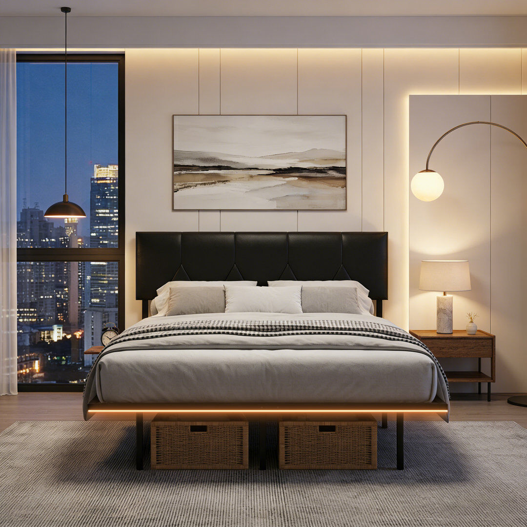 Rosalind Wheeler Aether Upholstered Floating Bed Frame with Charging Shelves & Lighting, Metal Platform, No Box Spring Needed Black Double