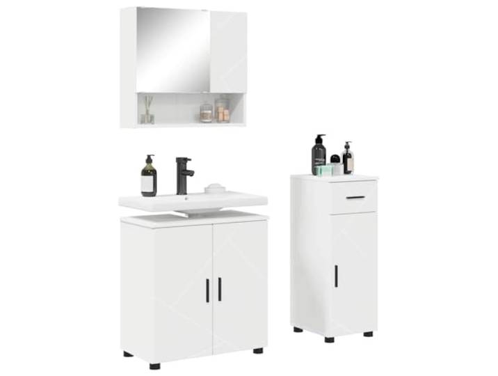 KTHLBRH Badezimmermöbel-Set mit Schublade und Tür, 3-teilig, Weiß Modernes Design, Details aus schwarzem Metall, Schrank mit Tür, Wandschrank