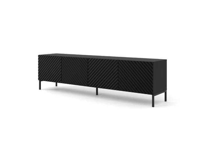 Meuble TV SURF 200 cm 4D façades fraisées noir mat sur pieds noirs