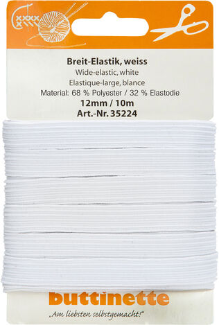buttinette Gummiband "Standard-Elastik", weiß, Breite: 12 mm, Länge: 10 m