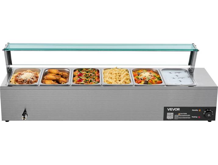 VEVOR Commerciële Voedselverwarmer 6 x 1/3 Maat Containers 1\,5 kW Glazen Deksel