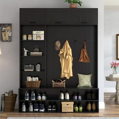 "76.9"" Farmhouse Hall Tree with 3 Top Storage Cabinets, 4 Hooks, Open Display Shelves & 6 Shoe Cubbies, Entryway Coat Shoe Bench"