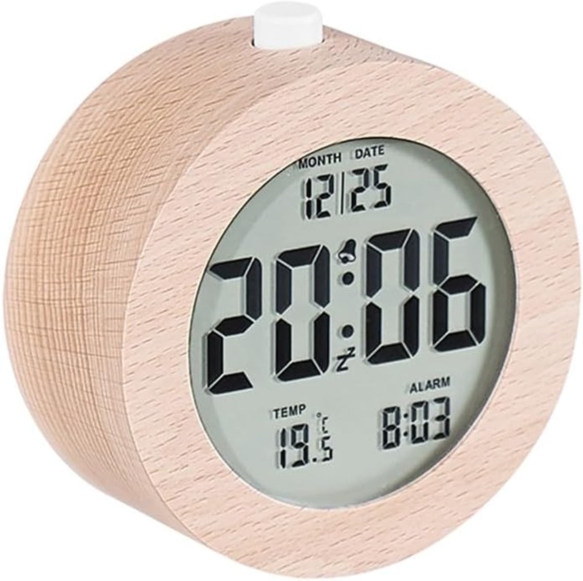 Ronde houten digitale wekker met nachtlampje en temperatuurweergave - 4 inch