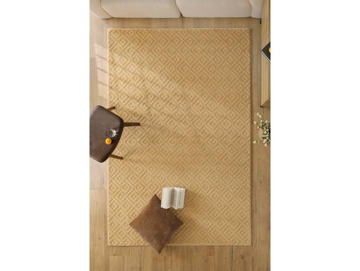 Teppich WECON HOME Castello TWO , beige (sand beige), B:160cm H:7mm L:230cm, Schurwolle, Teppiche, Teppich, Schurwolle, Kurzflor mit Hoch-Tief-Effekt, Wohnzimmer, Rautenmuster