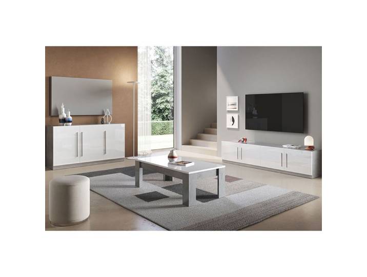 CLARK - Ensemble Salon Blanc et Marbre Meuble TV + Buffet + Table Basse