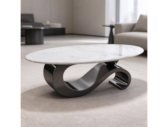 YHTCSXMD Moderner Ovaler Couchtisch mit Steinplatte Metallbasis Couchtisch mit 12mm Steinplatte, Doppelstütze und schwarzer Titanbasis für modernes Wohnzimmer, Sofa und Einrichtung