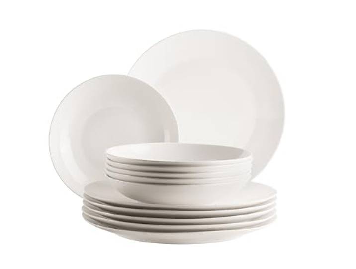 MÄSER 934106 Serie Belmira, klassisches Tafelservice für 6 Personen, 12-teiliges Essgeschirr mit Speise- und Suppentellern, zeitlos, elegant, filigran, Porzellan, weiß
