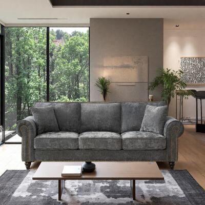 Chenille Modern Sofa with Rolled Arms, Wood Legs, and Nailhead Trim