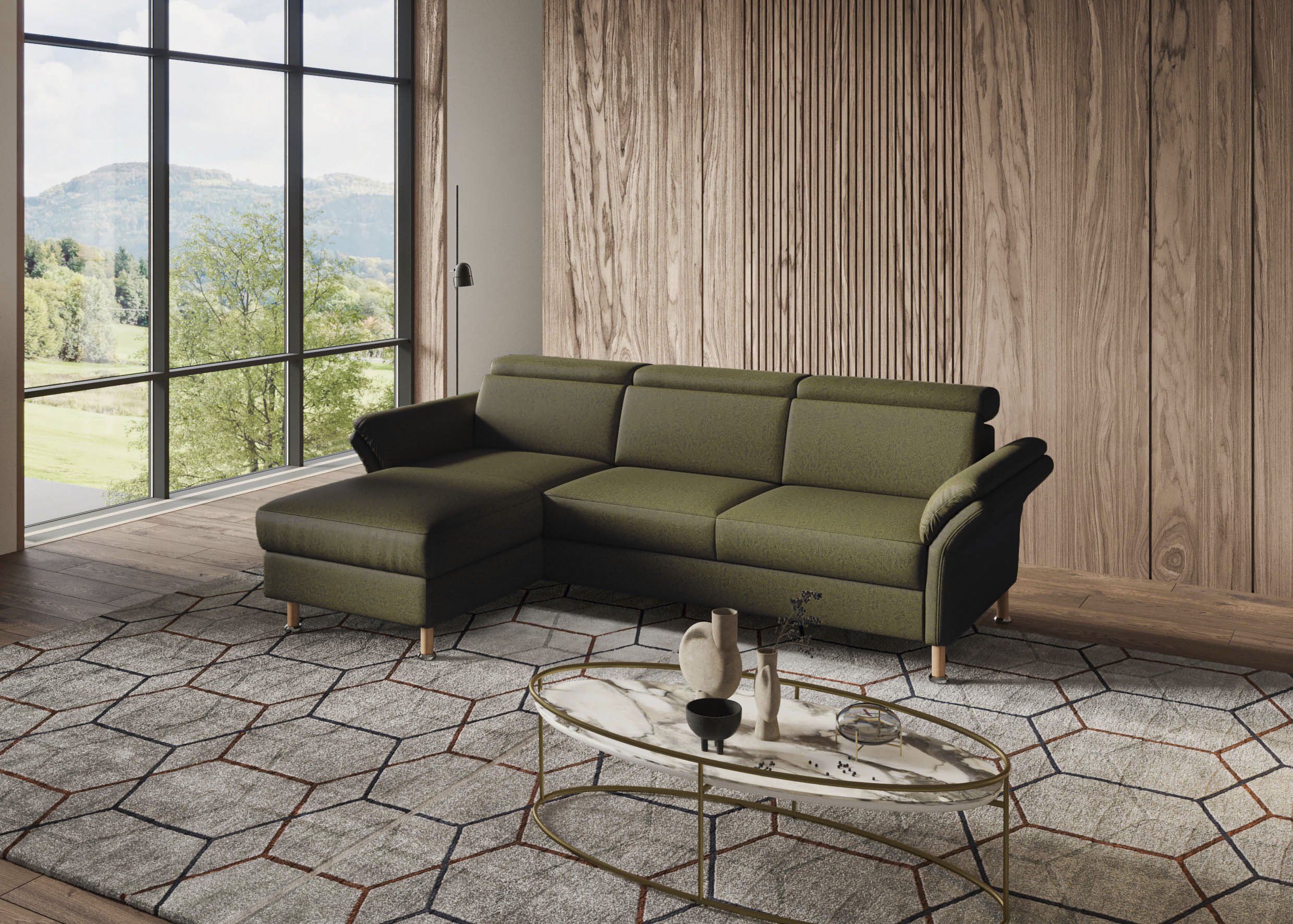 Ecksofa OTTO HOME "Calypso L-Form", grün (olive), B:260cm H:85cm T:172cm, 100% Polyester, Sofas, Ecksofa, mit motorischen Funktionen im Sofa und Recamiere