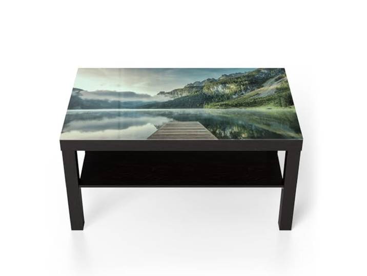 DEQORI Glastisch schwarz groß 90x50 cm Motiv Nebelgeheimnis am See ausgefallener Beistelltisch aus Glas Hochglanz Couchtisch fürs Wohnzimmer moderner Couch Tisch mit Design