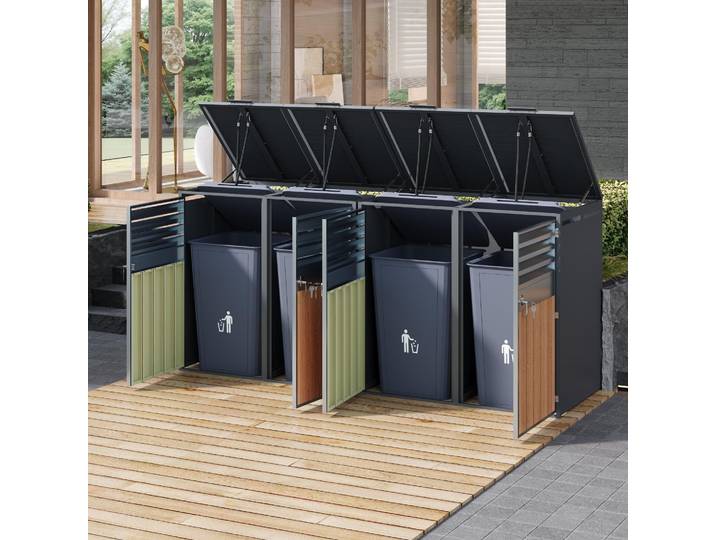 Outdoor-Mülltonnenbox Abschließbar mit Klappdeckel Lüftungsöffnung mit Lamellen für Garten geeignet Vier Türen Grau