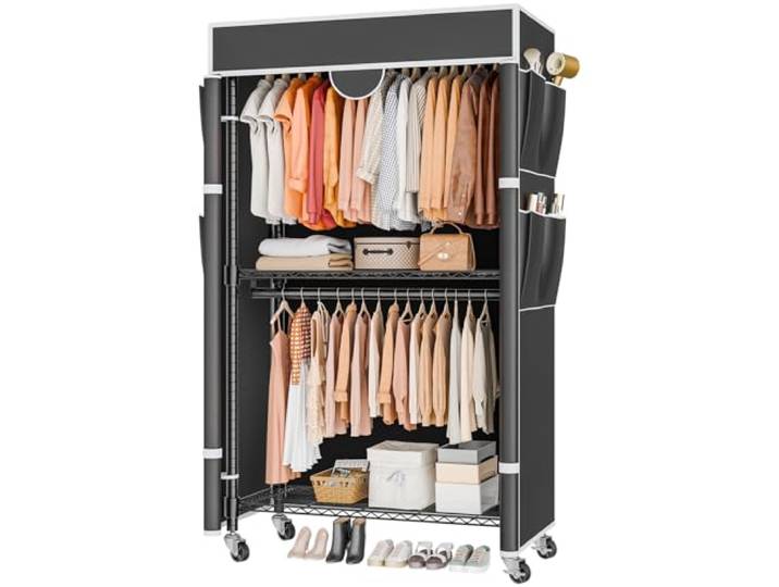 Himimi Kleiderständer auf Rollen, Kleiderständer Stabil, Doppel-Kleiderstange mit Abdeckung & Höhenverstellbaren Ablage, offener Kleiderschrank Metall Garderobe für Schlafzimmer, 90x45x205 cm Schwarz