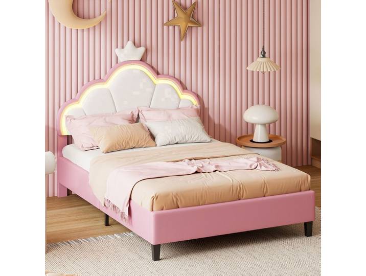 Lit enfant - EIFSON - Lit de princesse - 90x200cm - LED - Flanelle - Rose