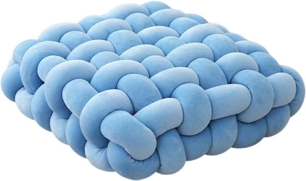 Handgemaakt Knoopkussen Blauw - Vierkant Pluche Kussen in Scandinavische Stijl