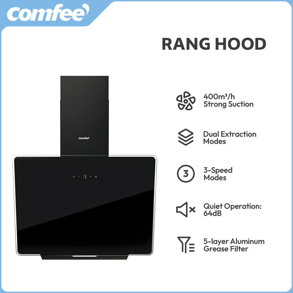 Living and Home 60CM Wall-mounted 3-Speed Chimney Angled Range Hood Cooker Extractor Black 76cm H X 59.7cm W X 40.3cm D
