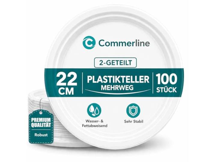 Commerline Plastikteller, 800 Stück, Kunststoffteller, Plastikgeschirr 22 cm, 2-geteilt, Partyteller, Partygeschirr Mehrweg, große Servierfläche, robust, Grill, Buffet, Catering & Camping