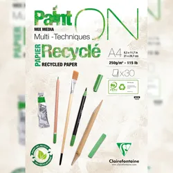 Clairefontaine 4x PaintON Recycling, Block A4, kopfseitig geleimt, 30 Blatt, 250g, weiß, Mixed Media - 975741C