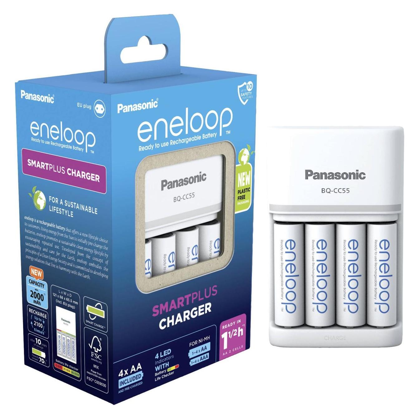 Panasonic eneloop Smart & Quick Charger BQ-CC55 (4 Stk., AA, Ladegerät inkl. Akku) (K-KJ16MCC40E)
