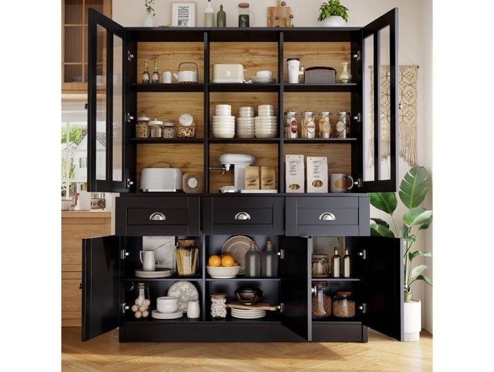VUENOR Buffet haut 140x38 5x175 cm noir – rangement avec tiroirs et portes vitrées