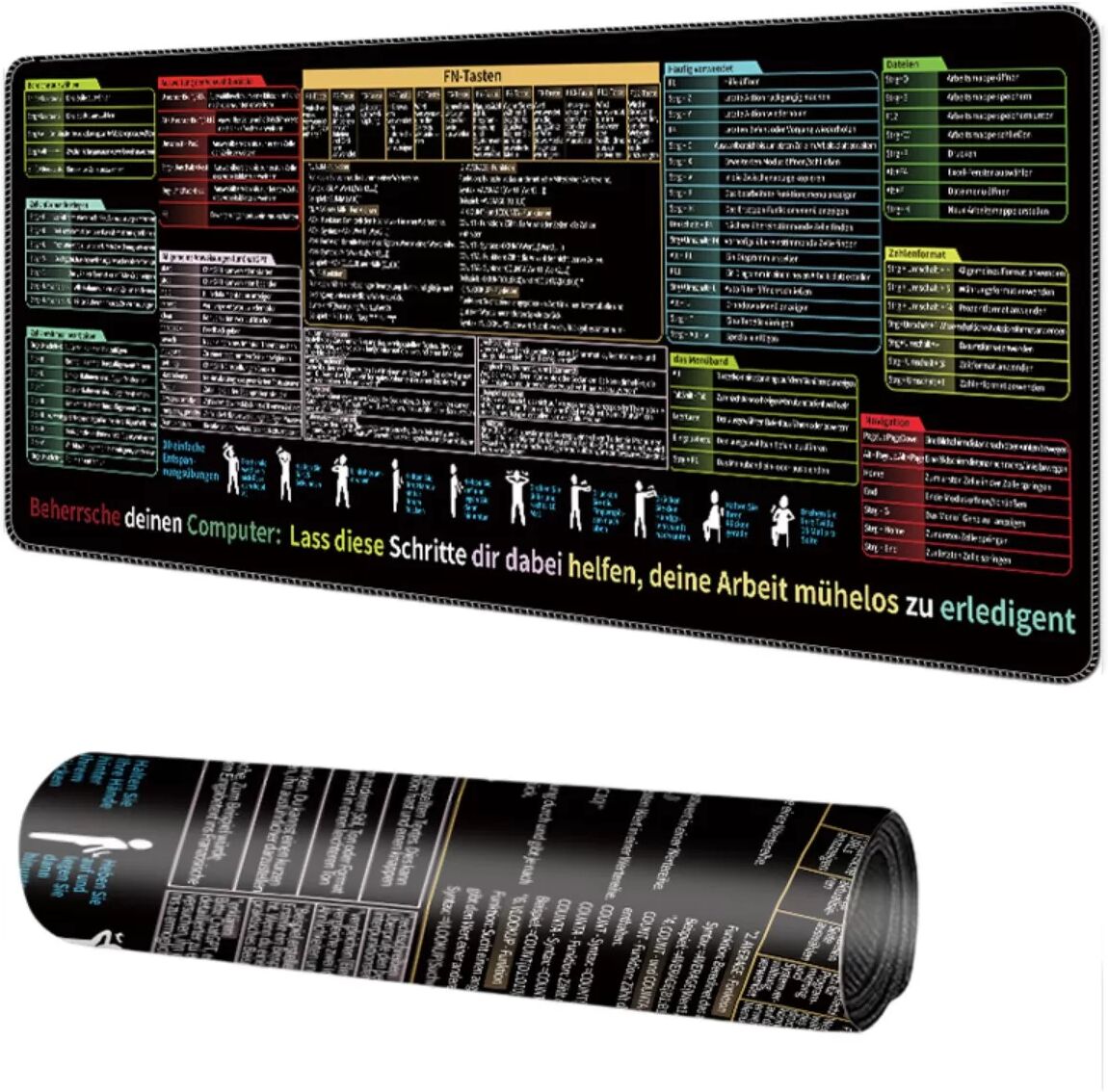 INF Deutsches Shortcut-Mauspad – Oversize Schreibtischmatte 30cm x 80cm, Gummi + Stoff, rutschfest und waschbar, gedruckte