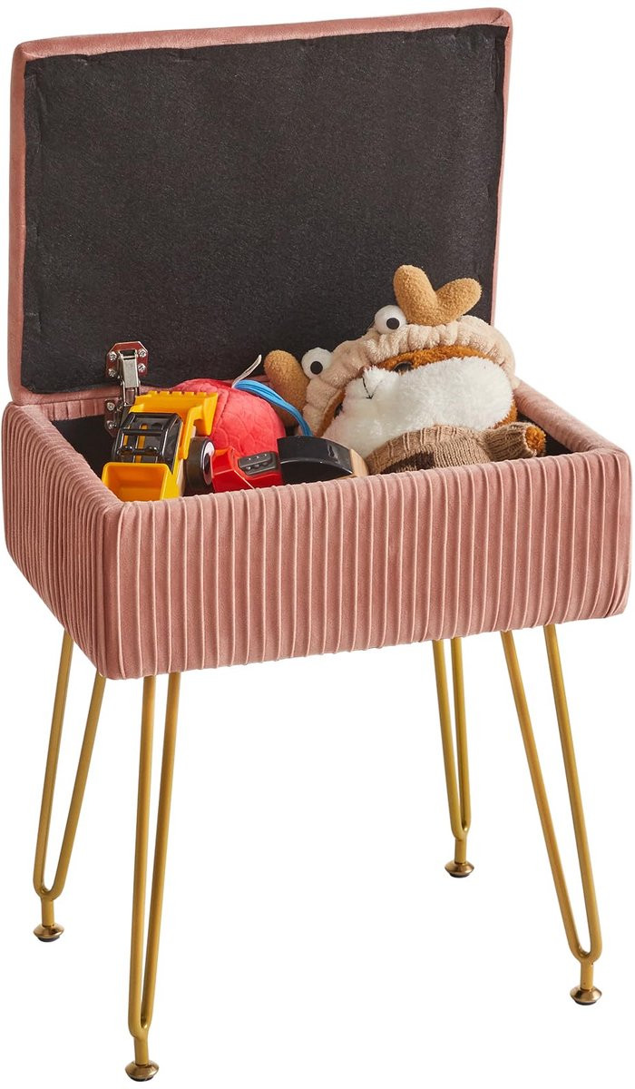 Fluwelen opberg ottoman met metalen onderstel en verwijderbare cover, roze, B/D/H: 40 x 29,5 x 48 cm