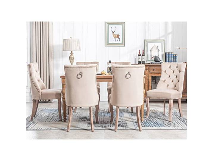 Merax 4-Fußstuhl, Stuhl Beige Samt Esszimmerstuhl Polsterstuhl,hohe Rückenlehne, mit Knopfsteppung, Gestell aus Massivholz, Beige，(Set, 6 St)