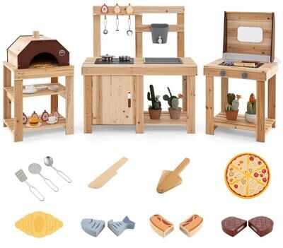 3 PCS Mud Kitchen & Kids Grill Playset Wood Pretend Play Set - 3 pcs