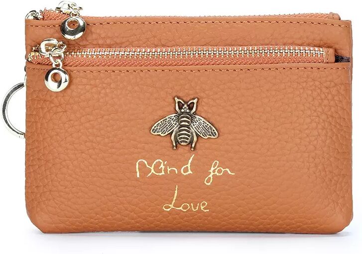 INF Porte-monnaie à fermeture éclair en cuir véritable pour femme Marron