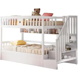 OKWISH Hochbett 90x200 weiß Massivholz mit hydraulischem Unterbett & Stauraumtreppe - Inklusive Regalen und Sicherheitsleiter für platzsparende zimmer